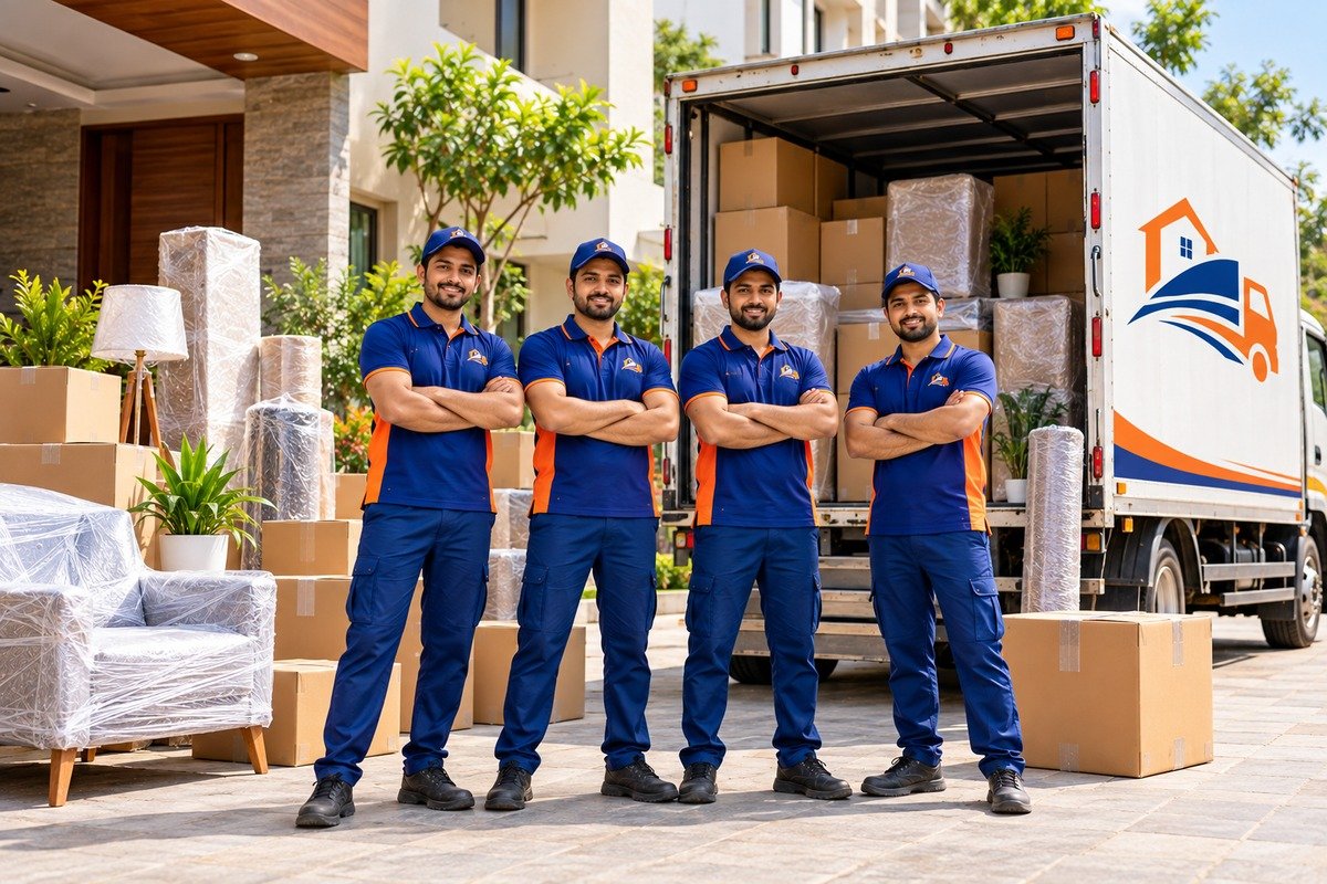 Our moving team with the transport truck — Satya Packers & Movers