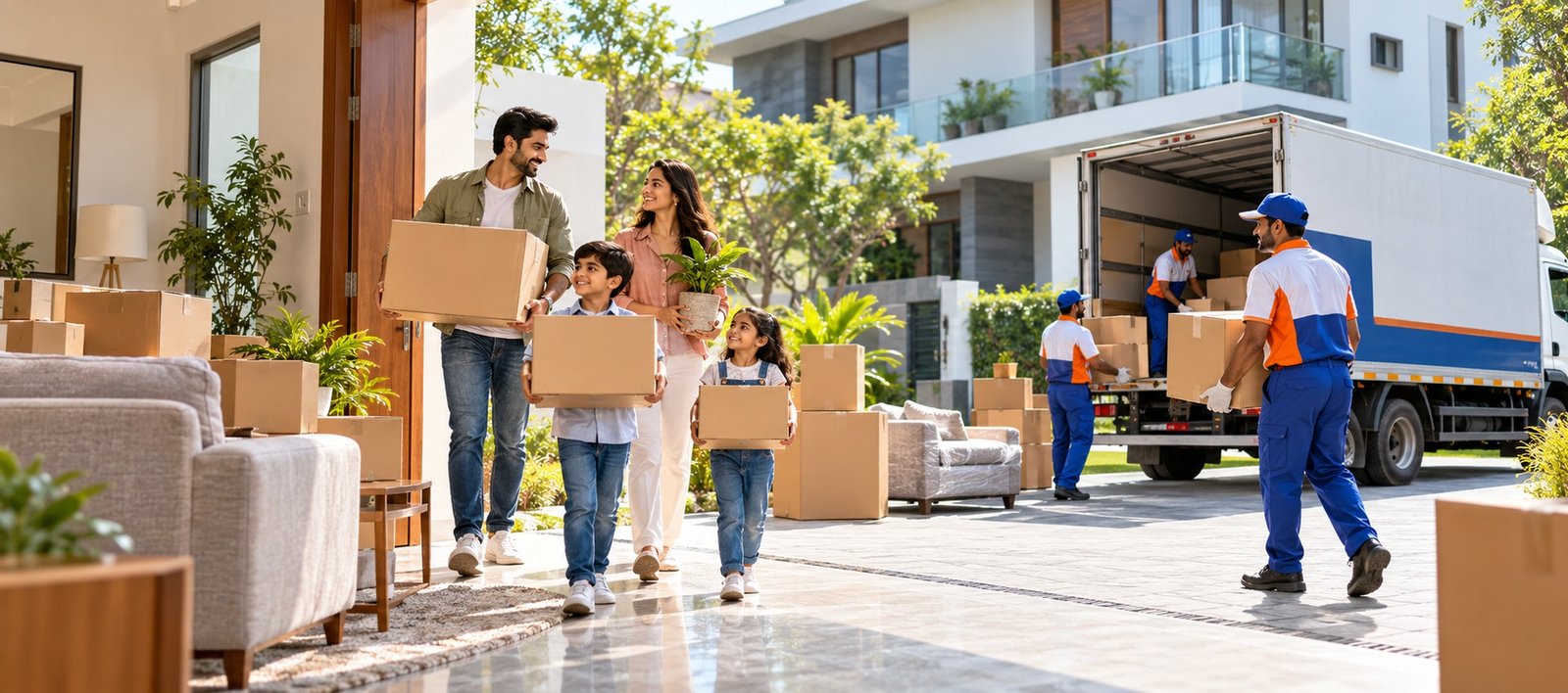 Family shifting into a new home with professional packers and movers
