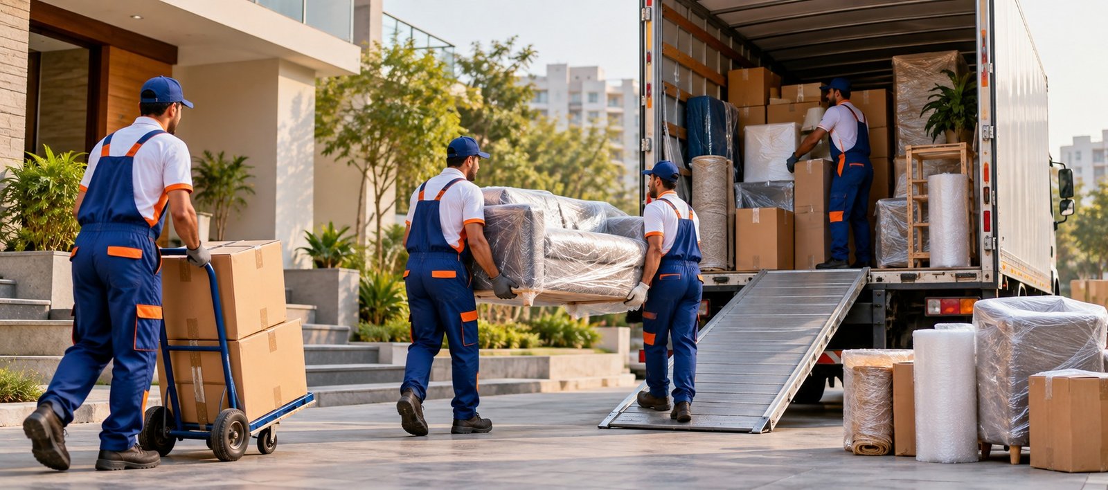 Movers loading packed boxes securely into a truck