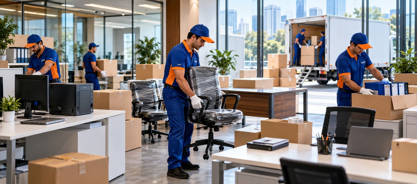 Team relocating office furniture and equipment