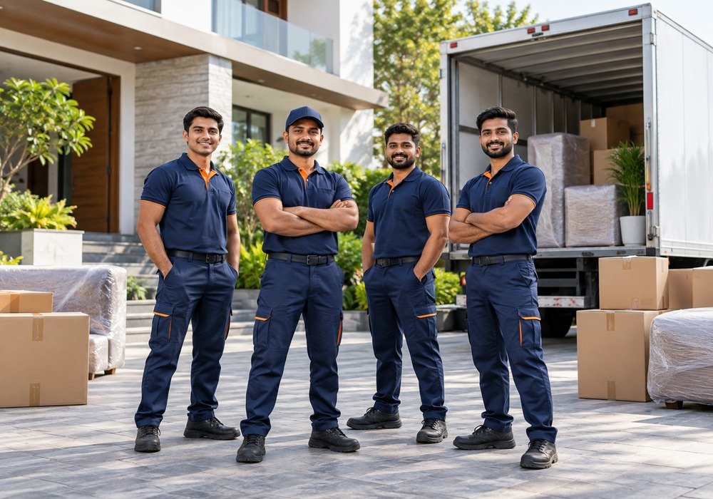 Professional moving team preparing goods for relocation